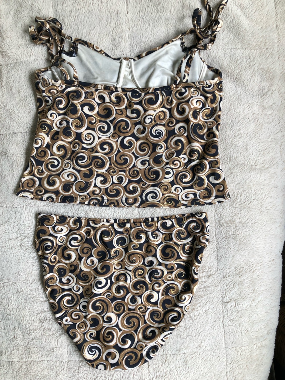 90s Y2K Swirl Print Retro Two-Piece Tankini Swim Set in Black, Gold & White - Picture 6 of 14